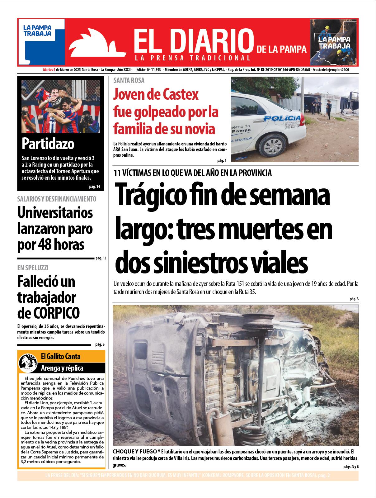 Tapa de El Diario en papel  martes 04 de marzo de 2025